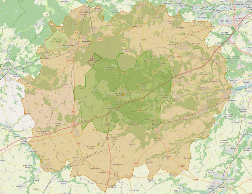 Carte représentant les zones d'intervention autour de Saint-Arnoult-en-Yvelines : zone verte de 0 à 10 km, zone orange de 11 à 20 km